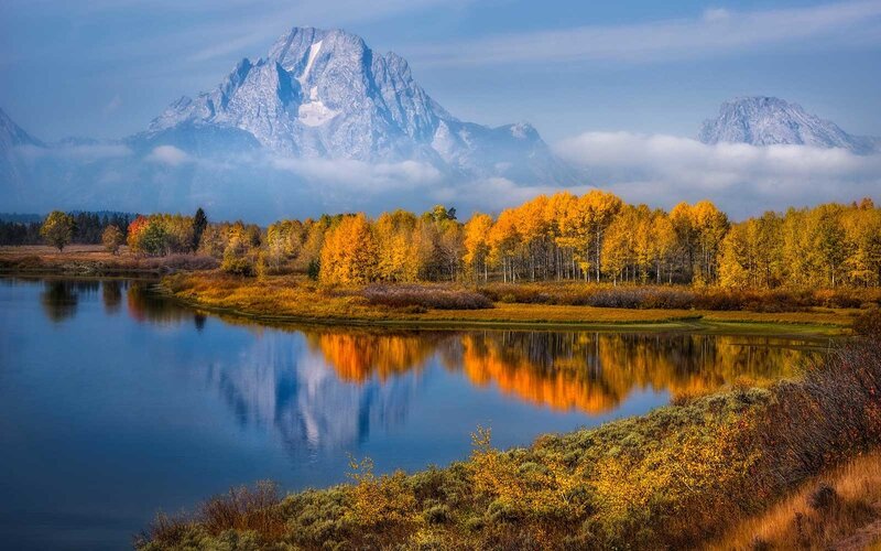 Mountain and Lake Reflection — Blue, Serene, Autumn