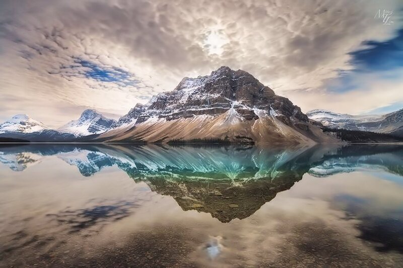 Mountain and Lake Reflection — Blue, Serene, Morning, Photograph, Snow