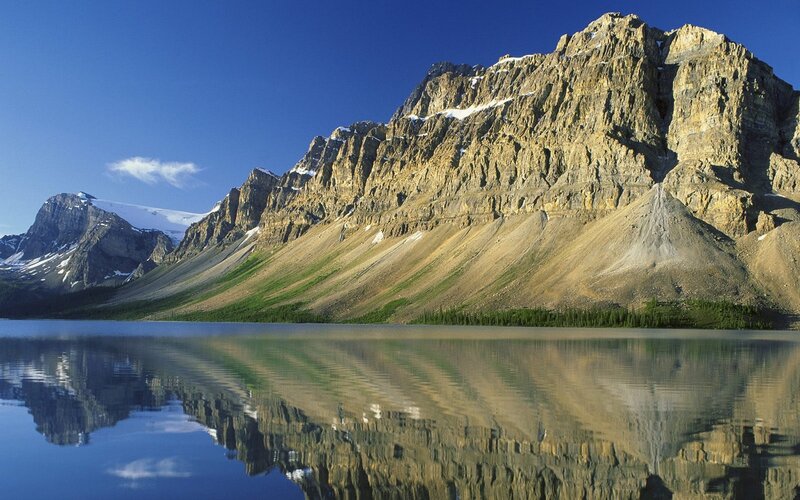 Mountain and Lake Reflection — Blue, Serene, Morning, Photograph, Snow, Trees