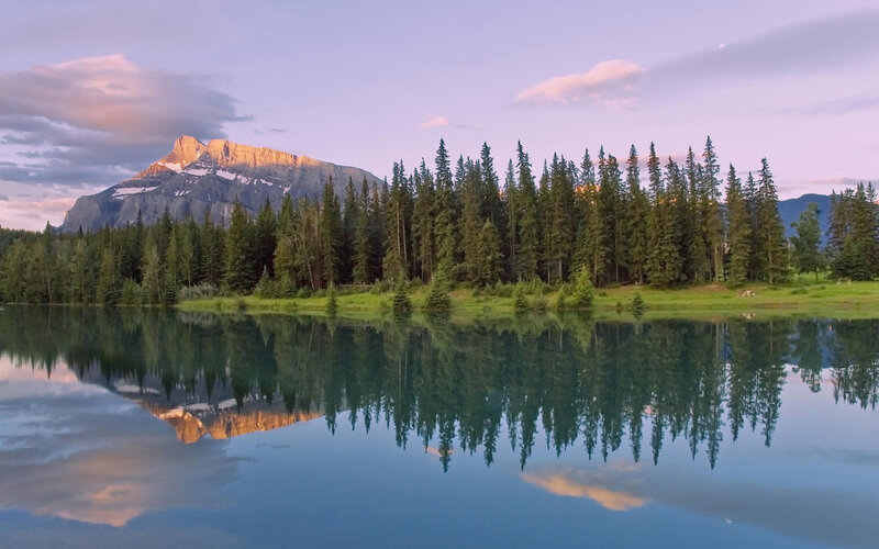 Mountain and Lake Reflection — Blue, Serene, Sunset