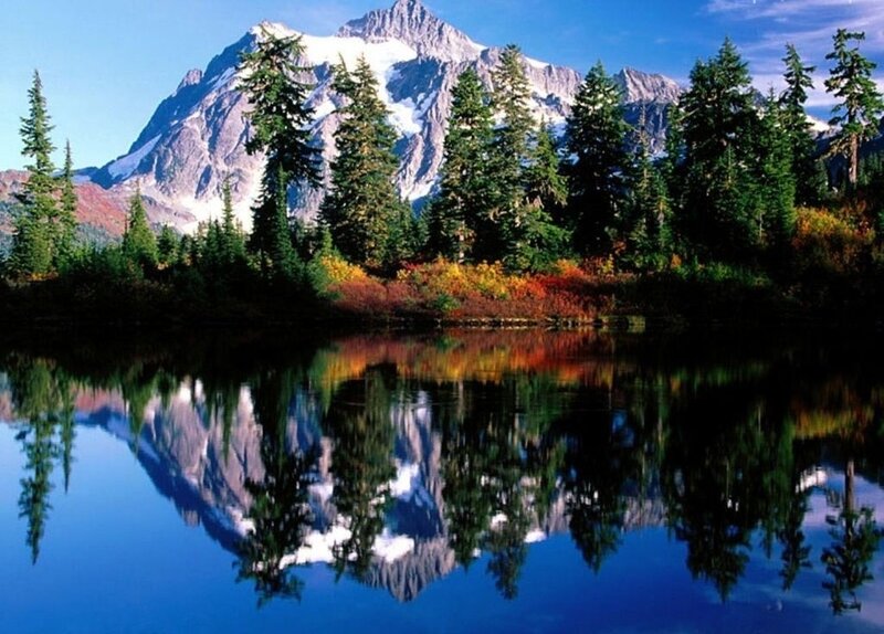 Mountain and Lake Reflection — Blue, Serene