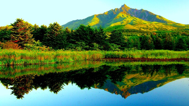 Mountain and Lake Reflection — Green