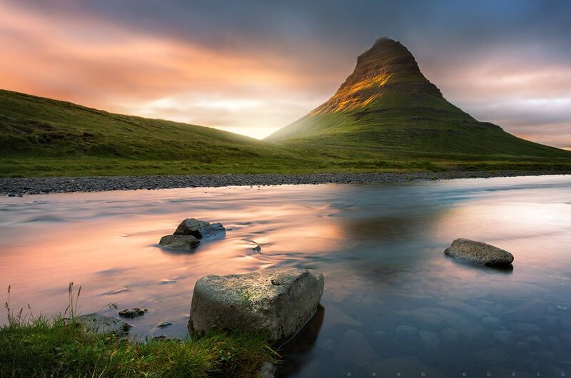 Mountain and River at Sunset