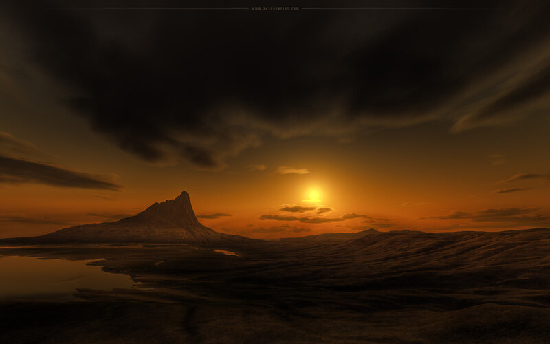 Mountain at Sunset — Orange, Dramatic, Digital Art