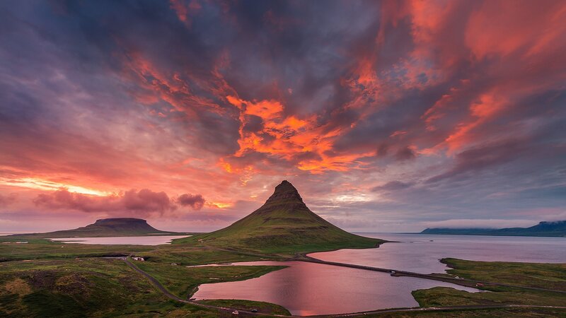 Mountain at Sunset — Red, Dramatic, Photograph, Clouds, Lake