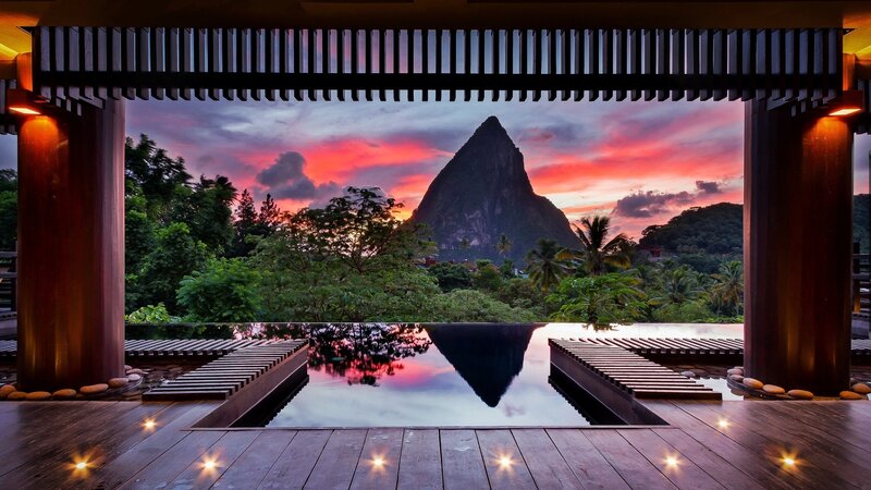 Mountain at Sunset — Red, Dramatic, Photograph, Pool