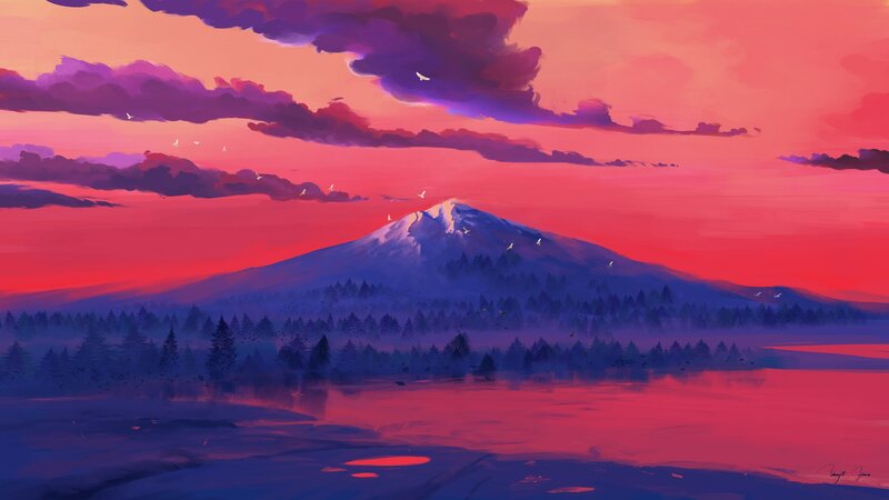 Mountain at Sunset — Red, Serene