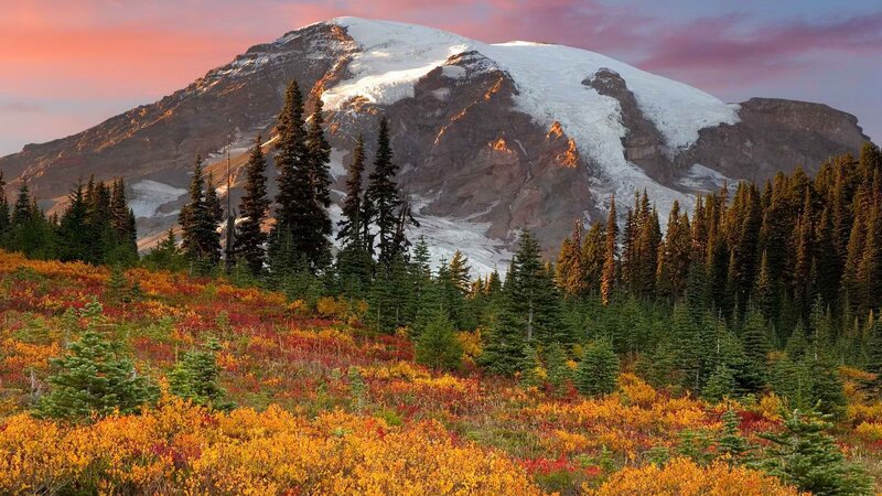 Mountain at sunset with autumn colors
