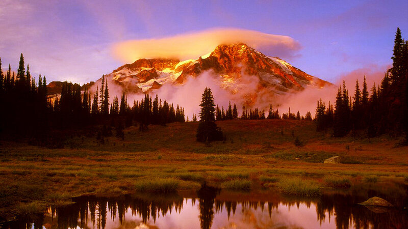 Mountain at sunset with reflection