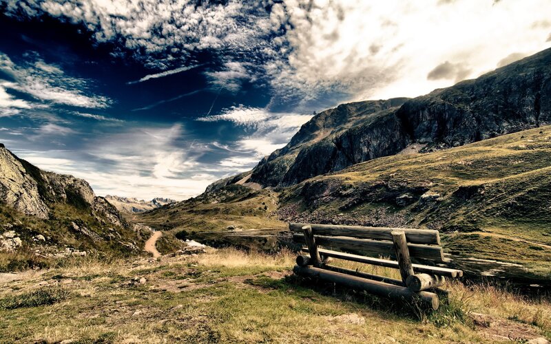 Mountain bench overlooking valley