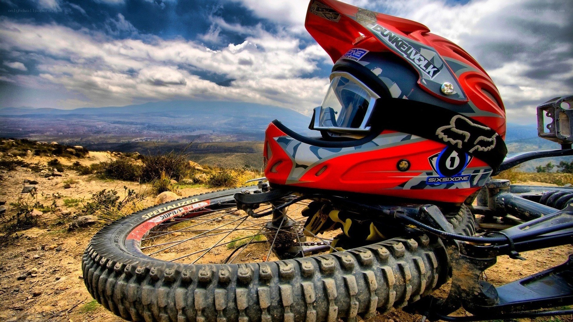 Mountain bike helmet on trail