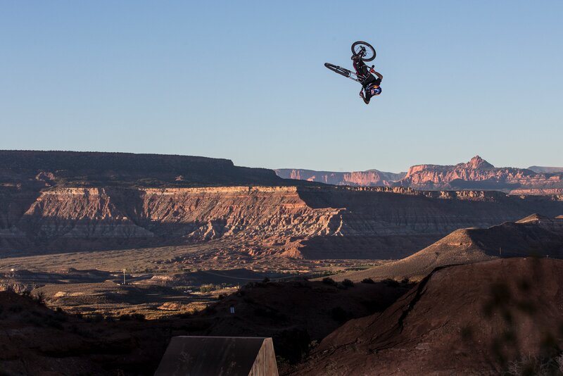 Mountain Biker in Mid-air — Blue, Dramatic, Sunset
