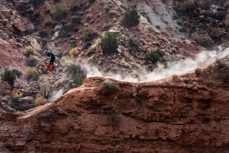Mountain Biker in Mid-air — Brown, Dramatic