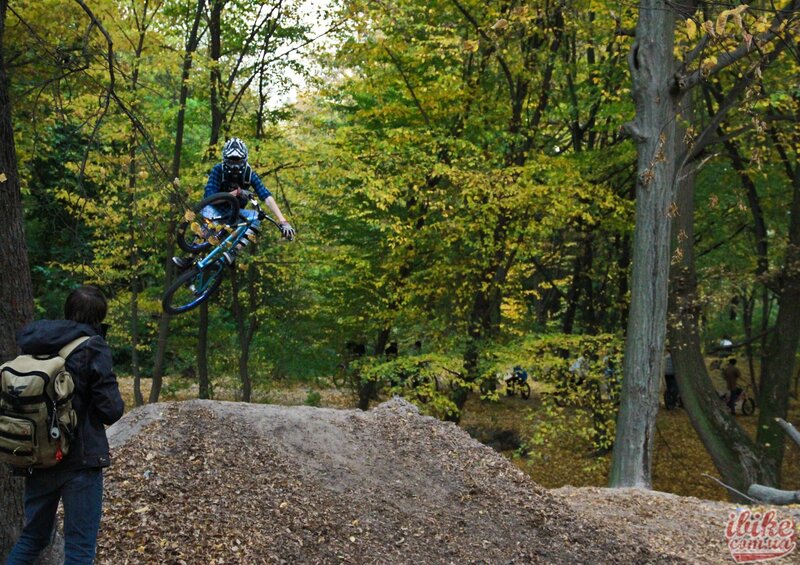 Mountain biker in mid-air jump