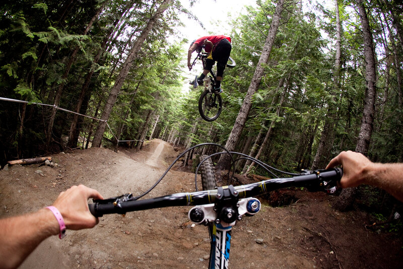 Mountain biker in mid-air jump