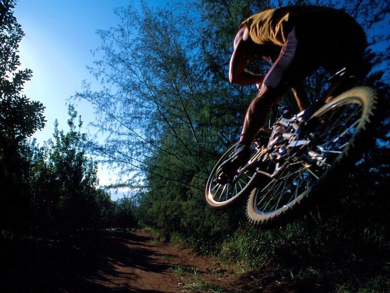 Mountain biker in mid-air jump