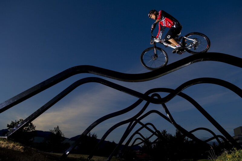 Mountain Biker on Ramp — Blue