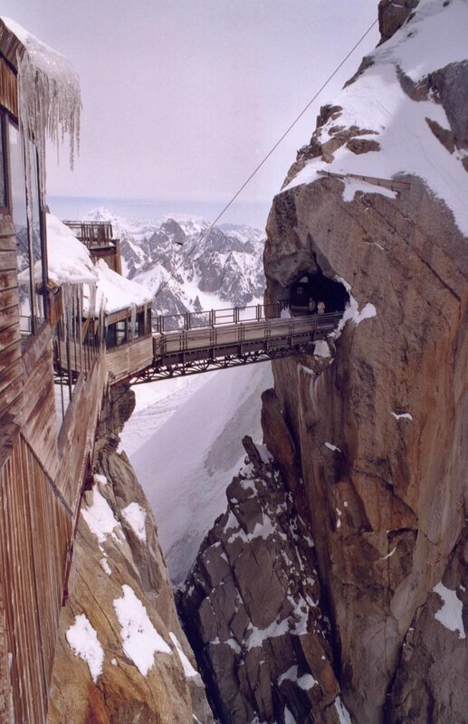 Mountain bridge with ice formations