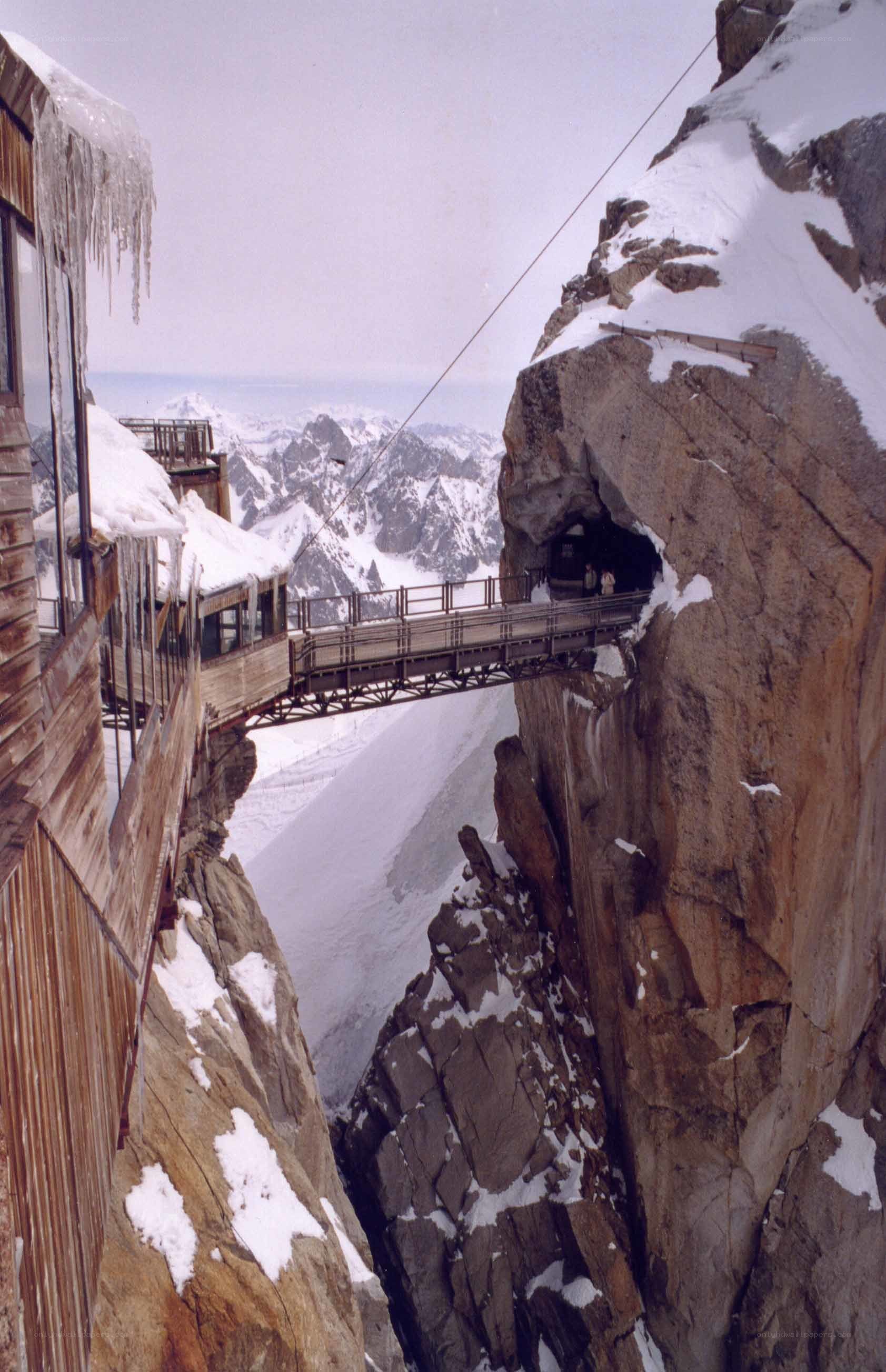 Mountain bridge with ice formations