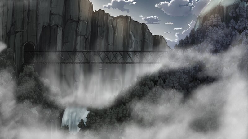 mountain bridge with waterfall