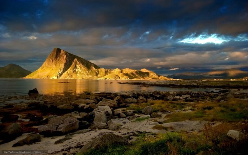 Mountain by the Sea — Blue, Dramatic, Sunset