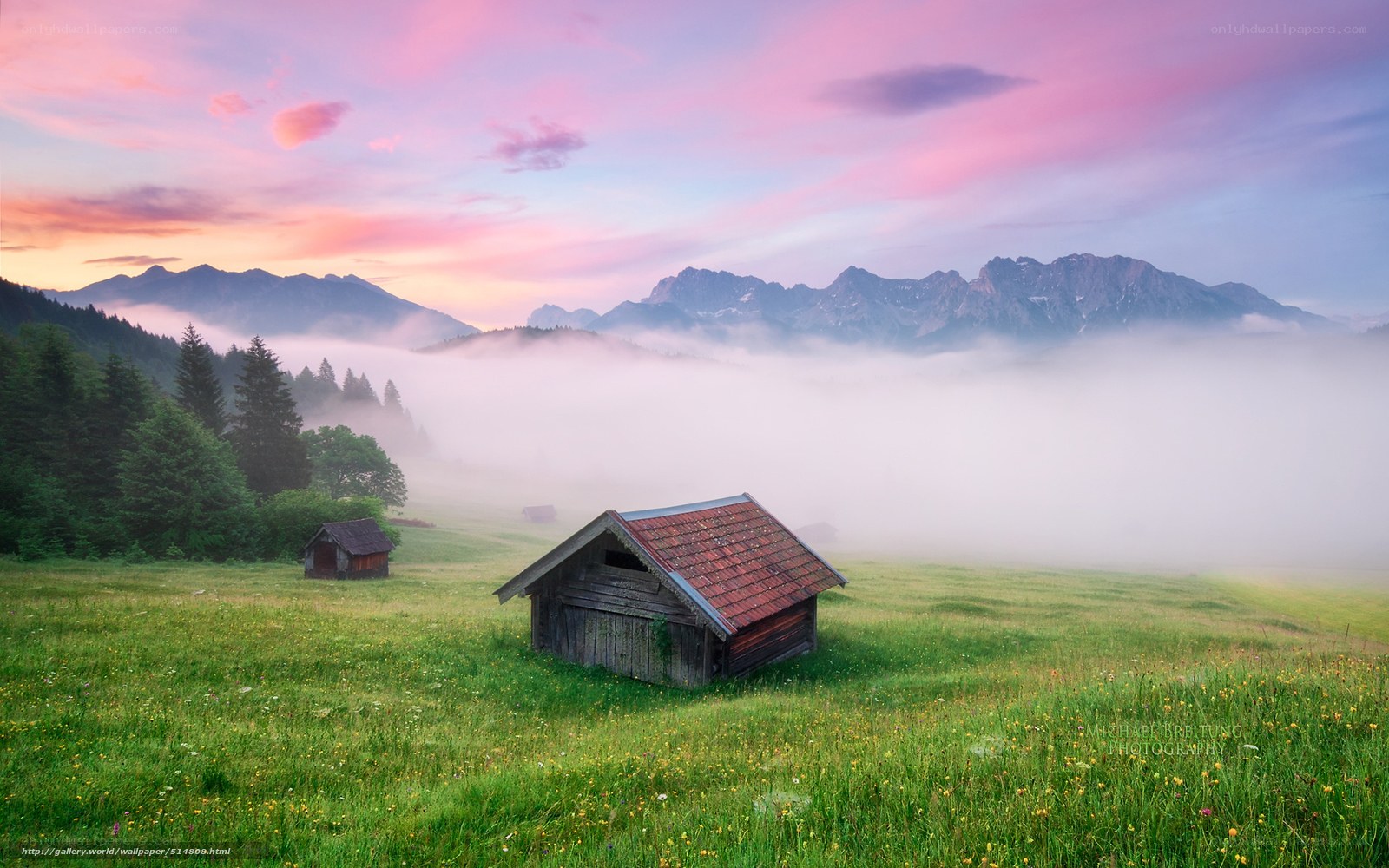 Mountain cabin at dawn