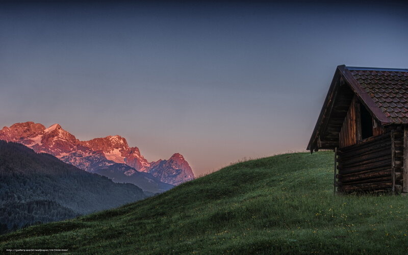 Mountain cabin at dusk