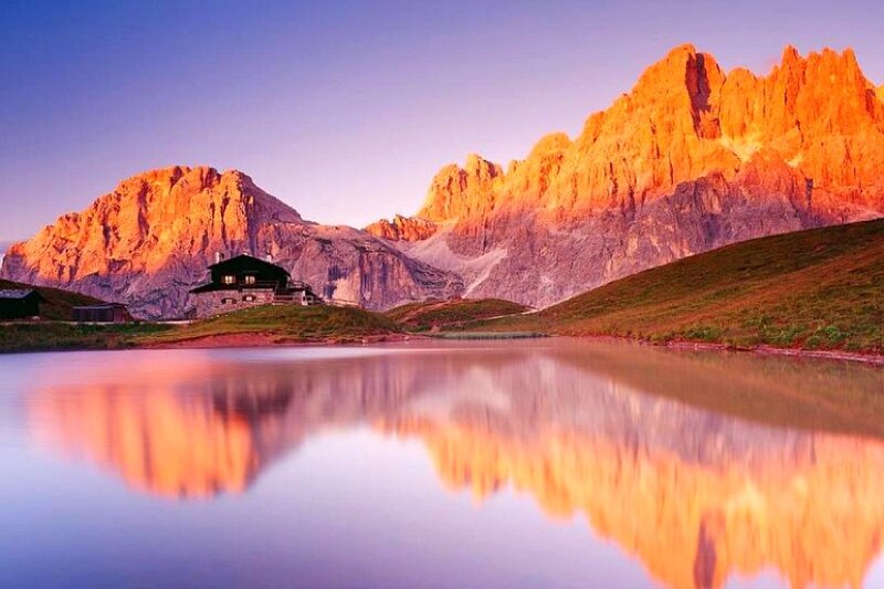 Mountain Cabin at Lake — Orange, Serene, Sunset, Photograph, Mountains