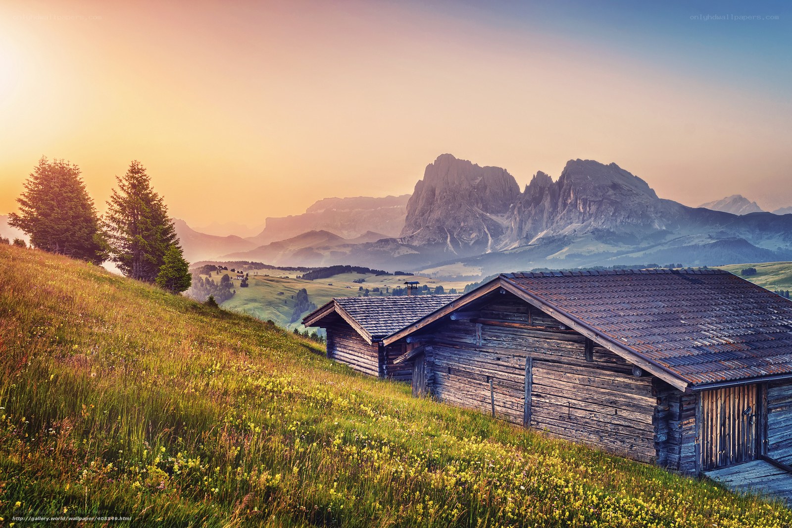 Mountain cabin at sunrise