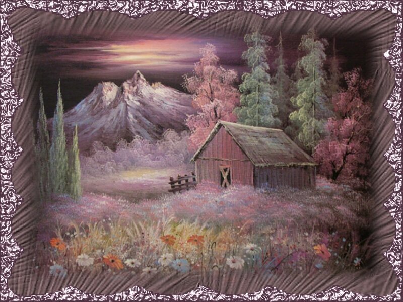 Mountain cabin at sunset