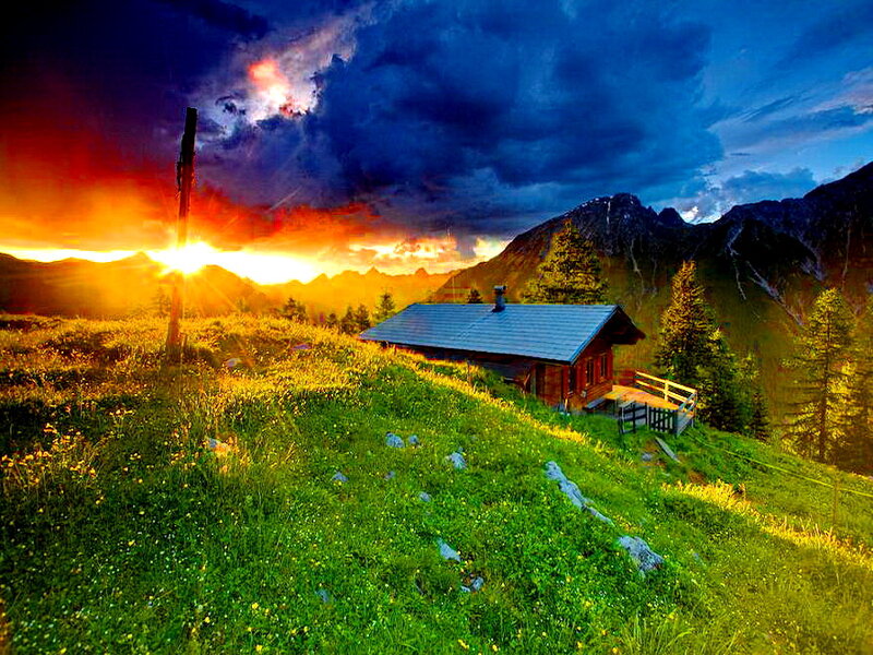 Mountain Cabin at Sunset — Green