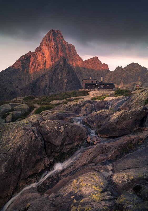 Mountain Cabin at Sunset — Orange