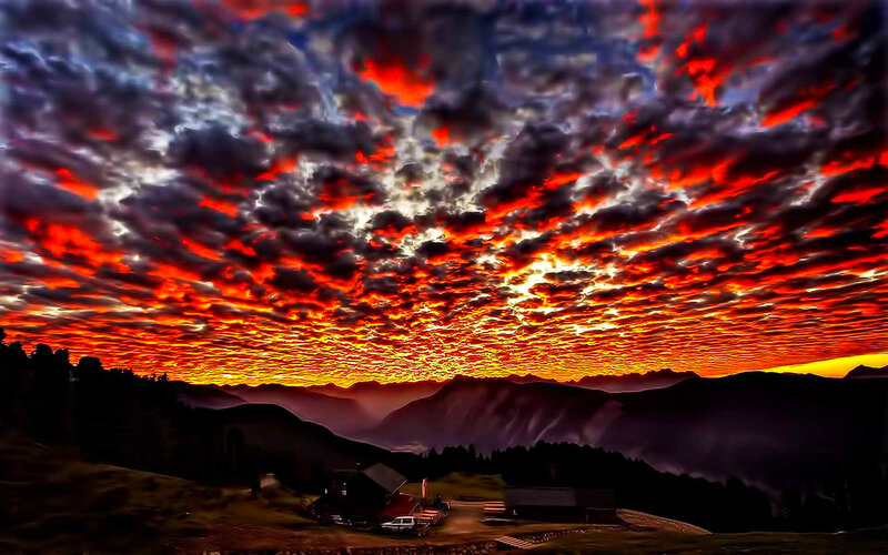 Mountain Cabin at Sunset — Red, Dramatic, Photograph
