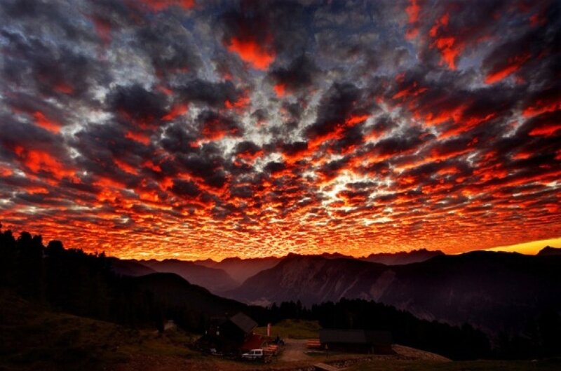 Mountain Cabin at Sunset — Red, Dramatic