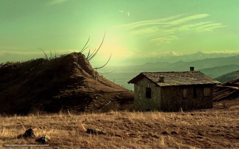Mountain cabin at sunset
