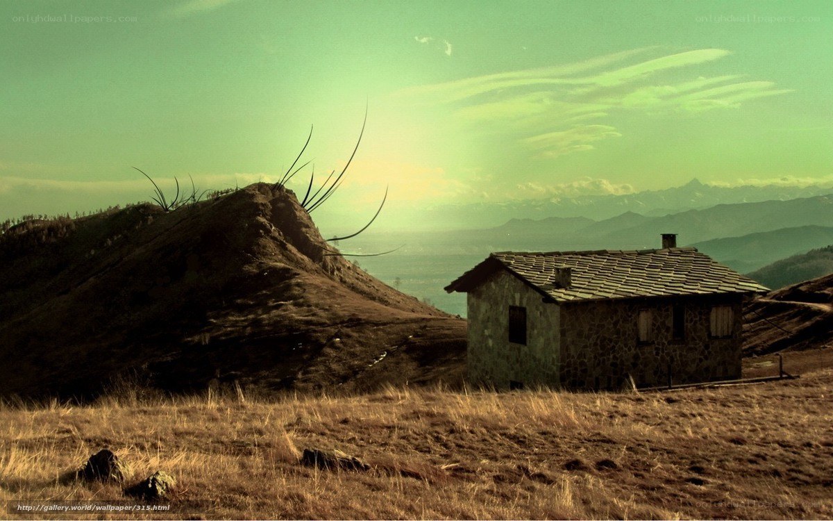 Mountain cabin at sunset