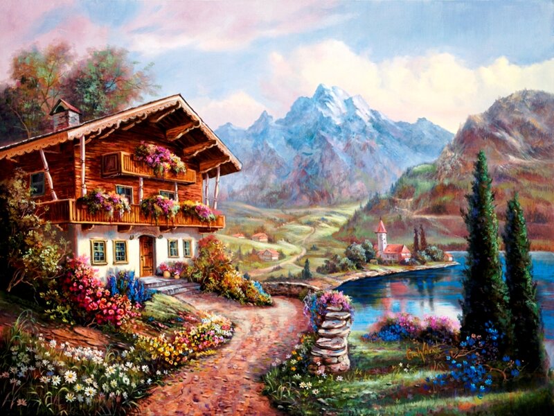 Mountain Cabin by Lake — Blue, Serene, Afternoon, Painting