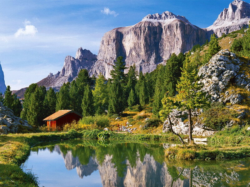 Mountain Cabin by Lake — Blue, Serene, Afternoon
