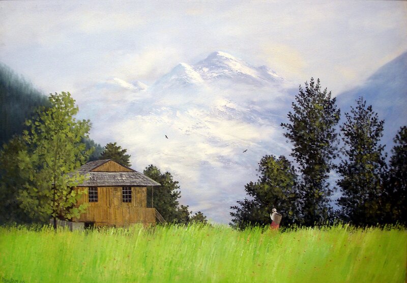 Mountain cabin in a green field