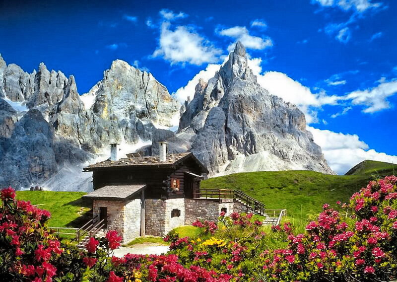 Mountain Cabin in Alpine Meadow — Blue, Serene