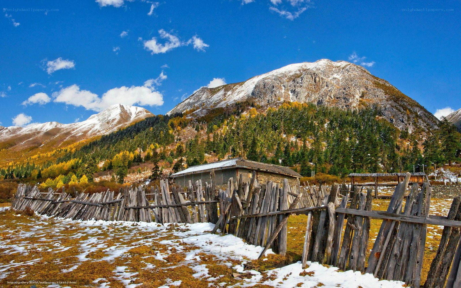 Mountain cabin in autumn landscape