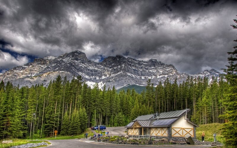 Mountain Cabin in Forest — Green, Dramatic, Afternoon