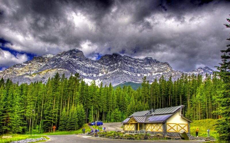 Mountain Cabin in Forest — Green, Dramatic