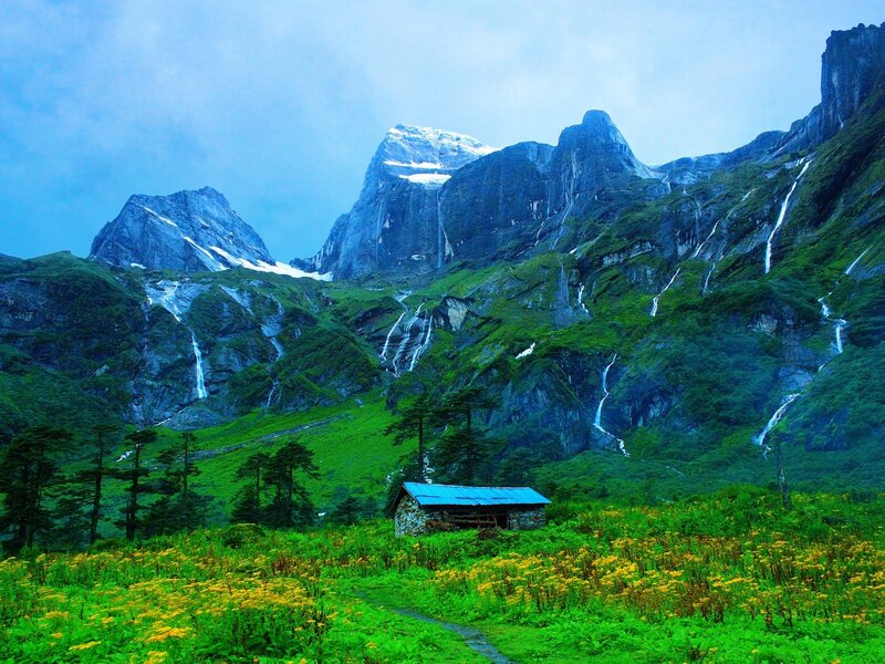 Mountain Cabin in Meadow — Green, Serene, Spring