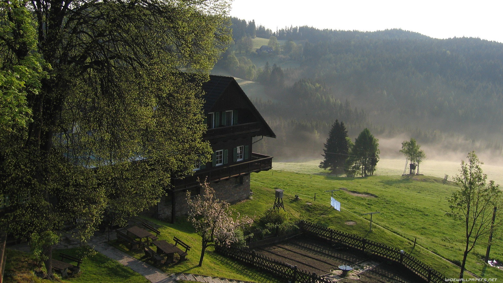 Mountain cabin in misty valley