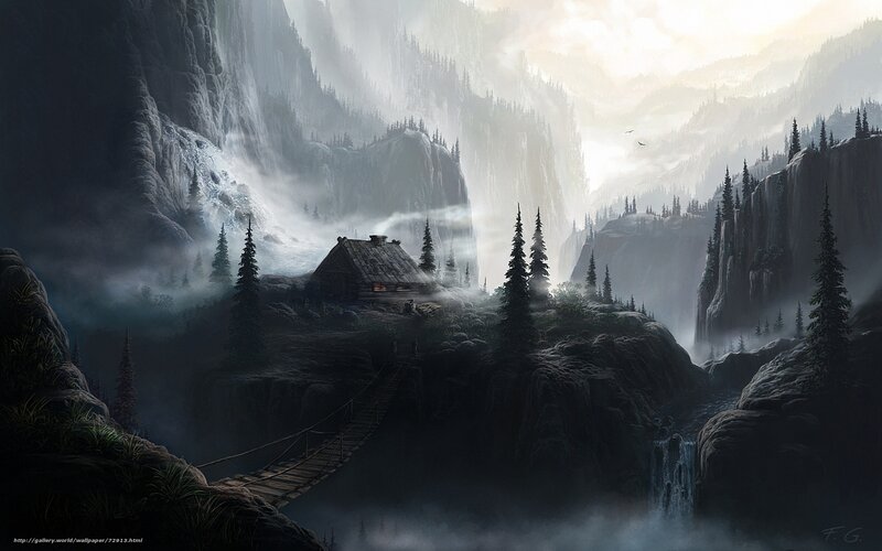 Mountain cabin in misty valley