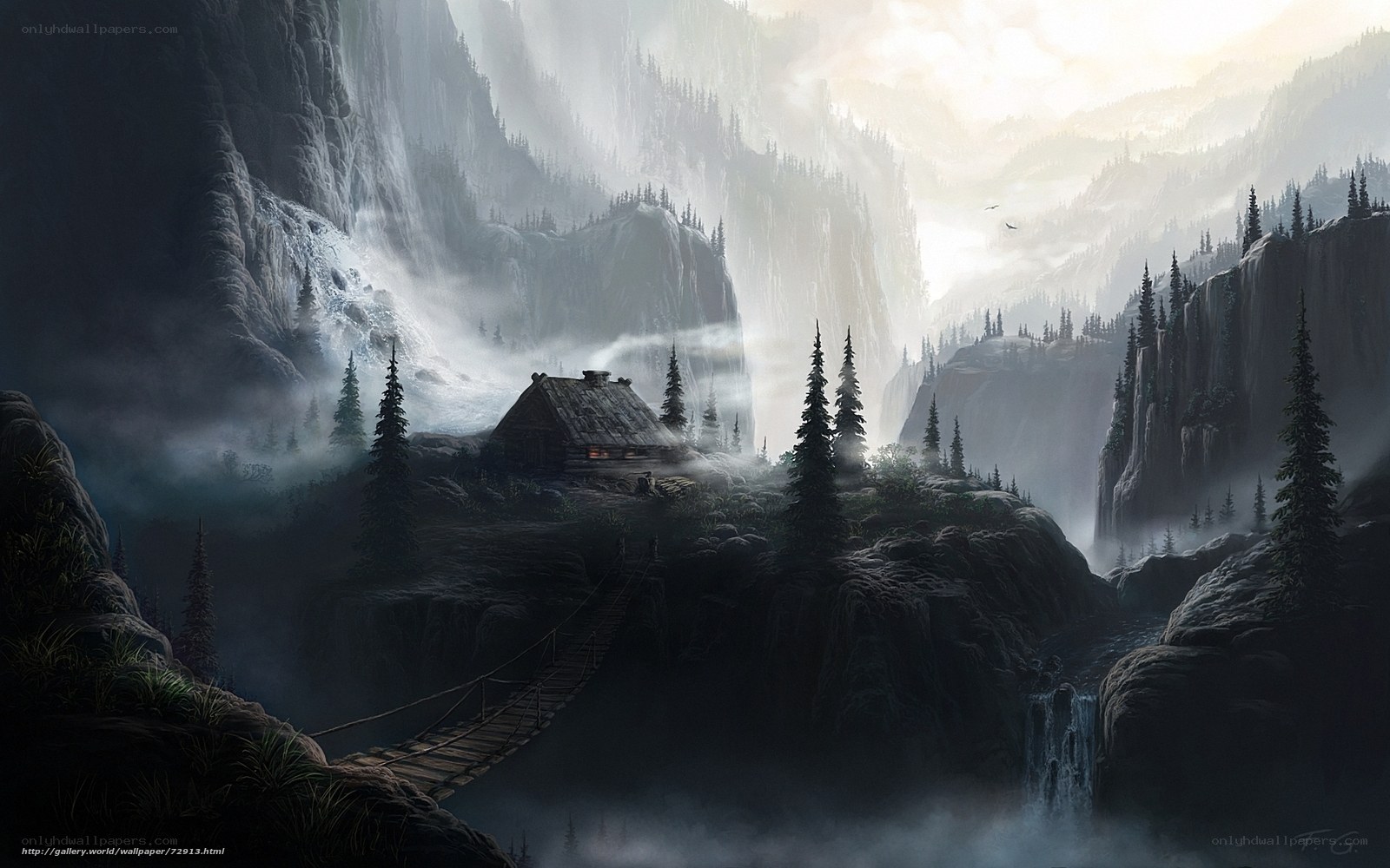 Mountain cabin in misty valley