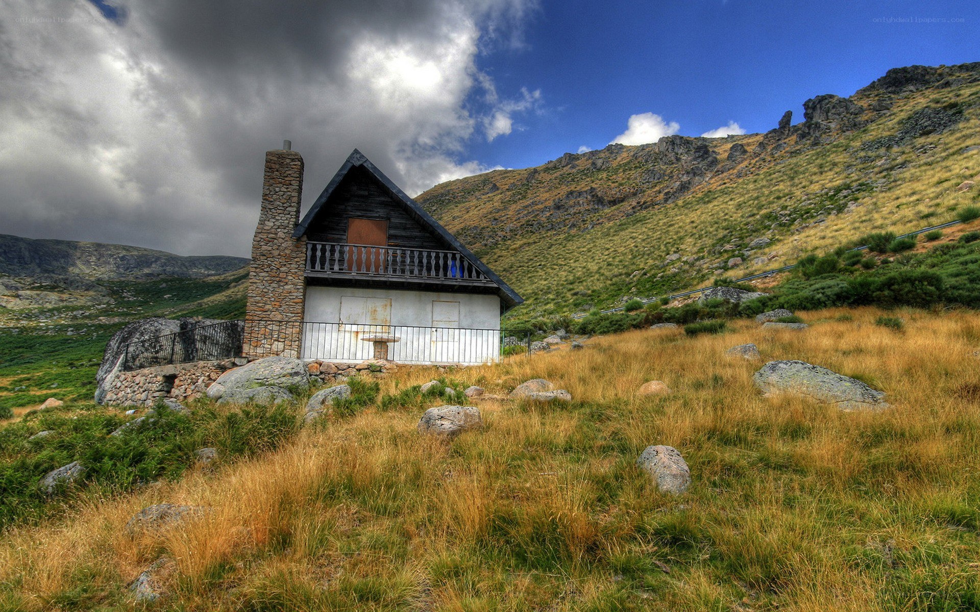 Mountain cabin in rugged landscape