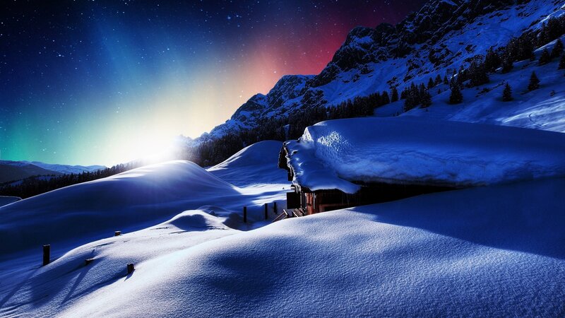 Mountain Cabin in Snow — Blue, Serene