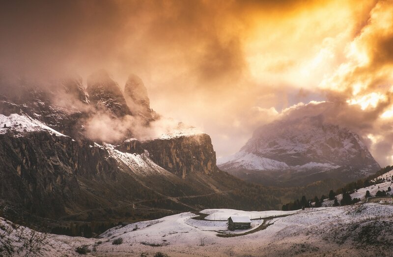 Mountain Cabin in Snow — Orange
